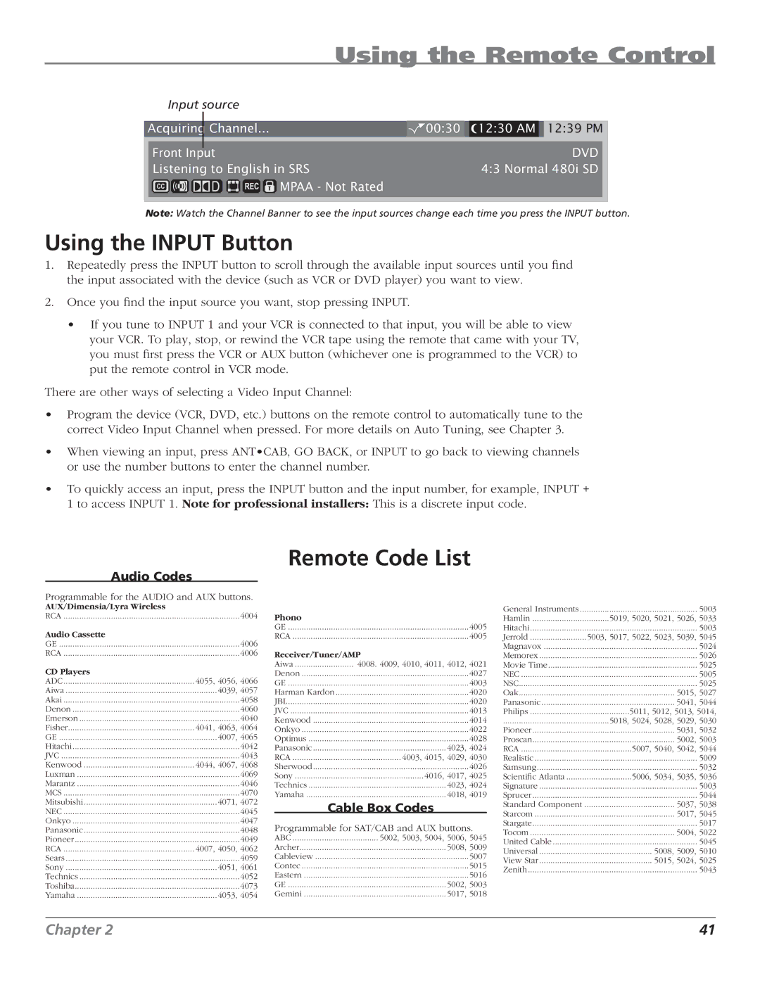 RCA HD50LPW167 manual Using the Input Button, Remote Code List, Audio Codes, Cable Box Codes 