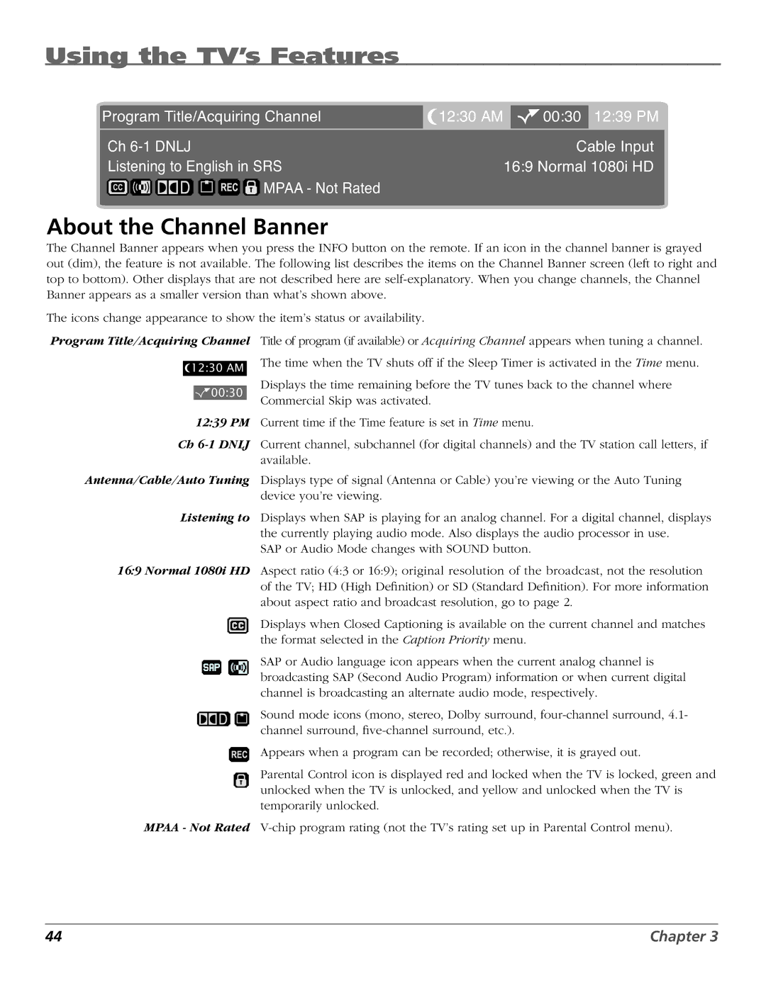 RCA HD50LPW167 manual Using the TV’s Features, About the Channel Banner 