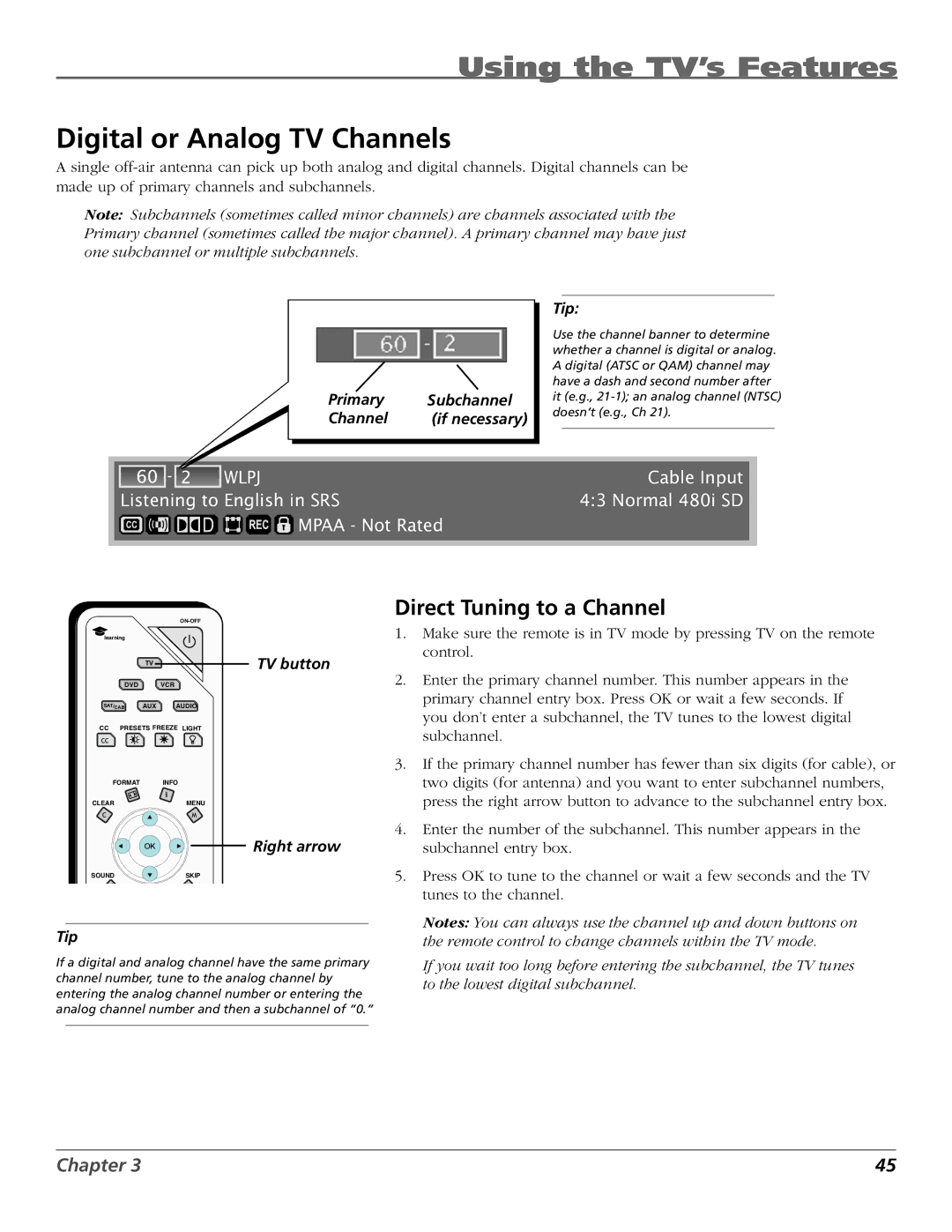 RCA HD50LPW167 manual Digital or Analog TV Channels, Direct Tuning to a Channel 