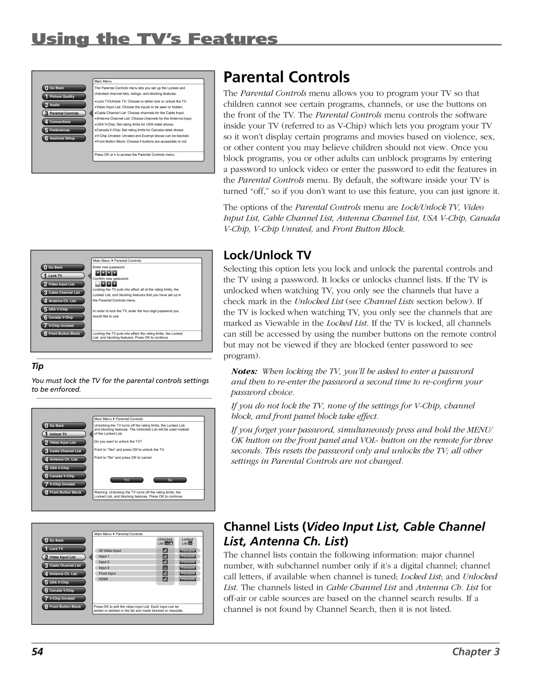 RCA HD50LPW167 manual Parental Controls, Lock/Unlock TV 