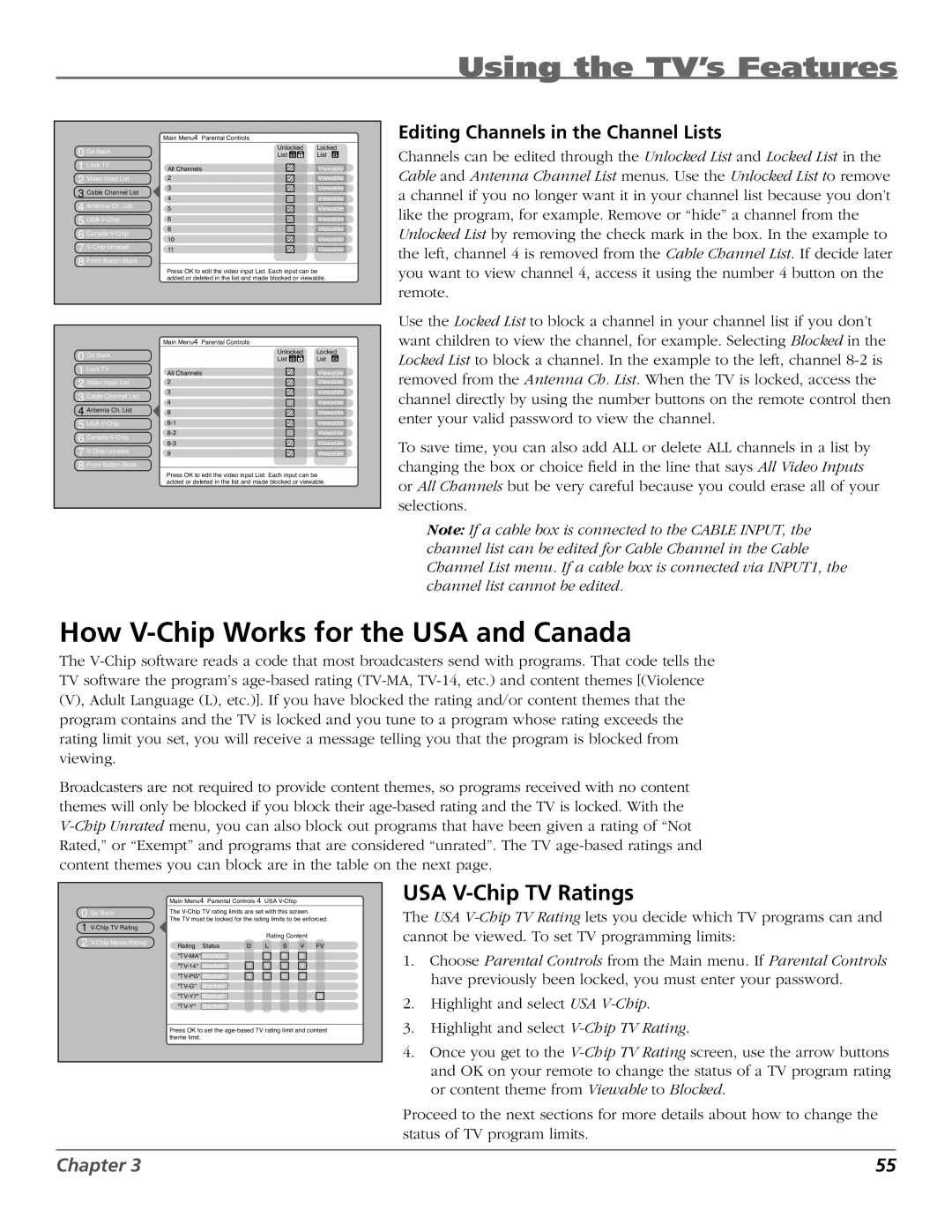 RCA HD50LPW167 manual How V-Chip Works for the USA and Canada, USA V-Chip TV Ratings, Editing Channels in the Channel Lists 