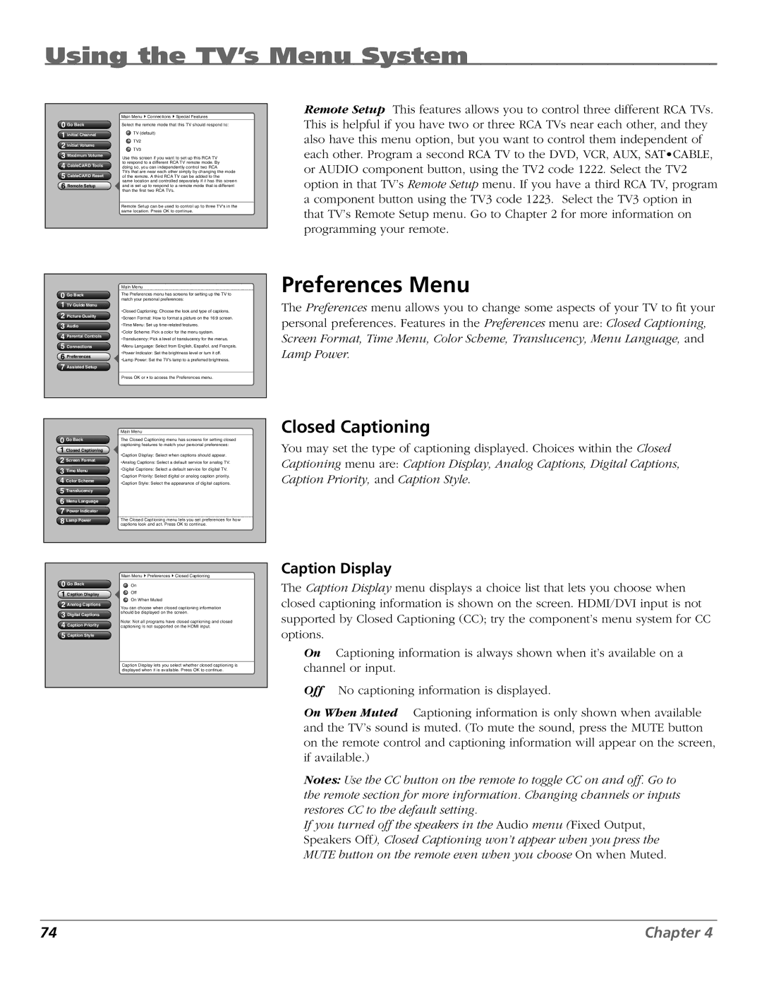 RCA HD50LPW167 manual Preferences Menu, Closed Captioning, Caption Display 