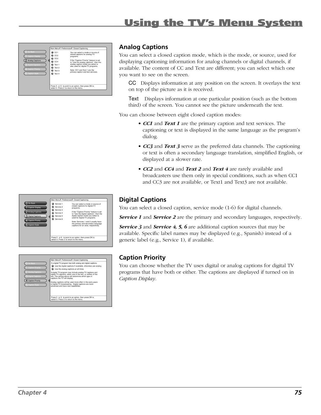 RCA HD50LPW167 manual Analog Captions, Digital Captions, Caption Priority, Caption Display 