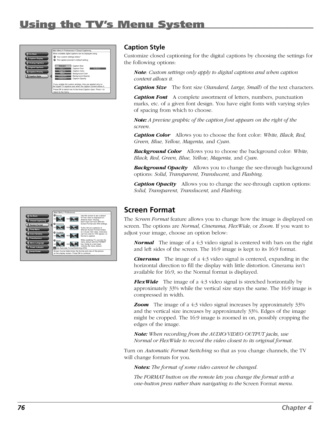 RCA HD50LPW167 manual Screen Format, Caption Style, Go Back Closed Captioning 