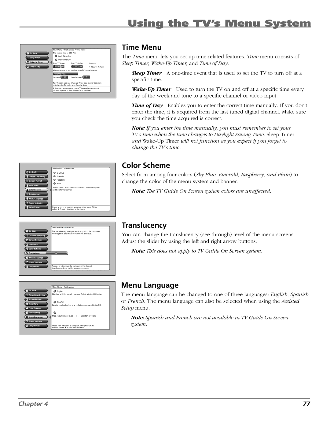 RCA HD50LPW167 manual Time Menu, Color Scheme, Translucency, Menu Language 