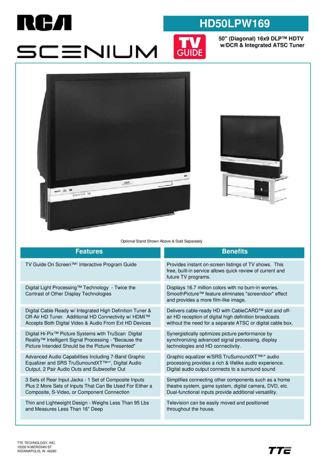 RCA HD50LPW169 manual Features, Benefits, TTE TECHNOLOGY, INC N Meridian ST INDIANAPOLIS 