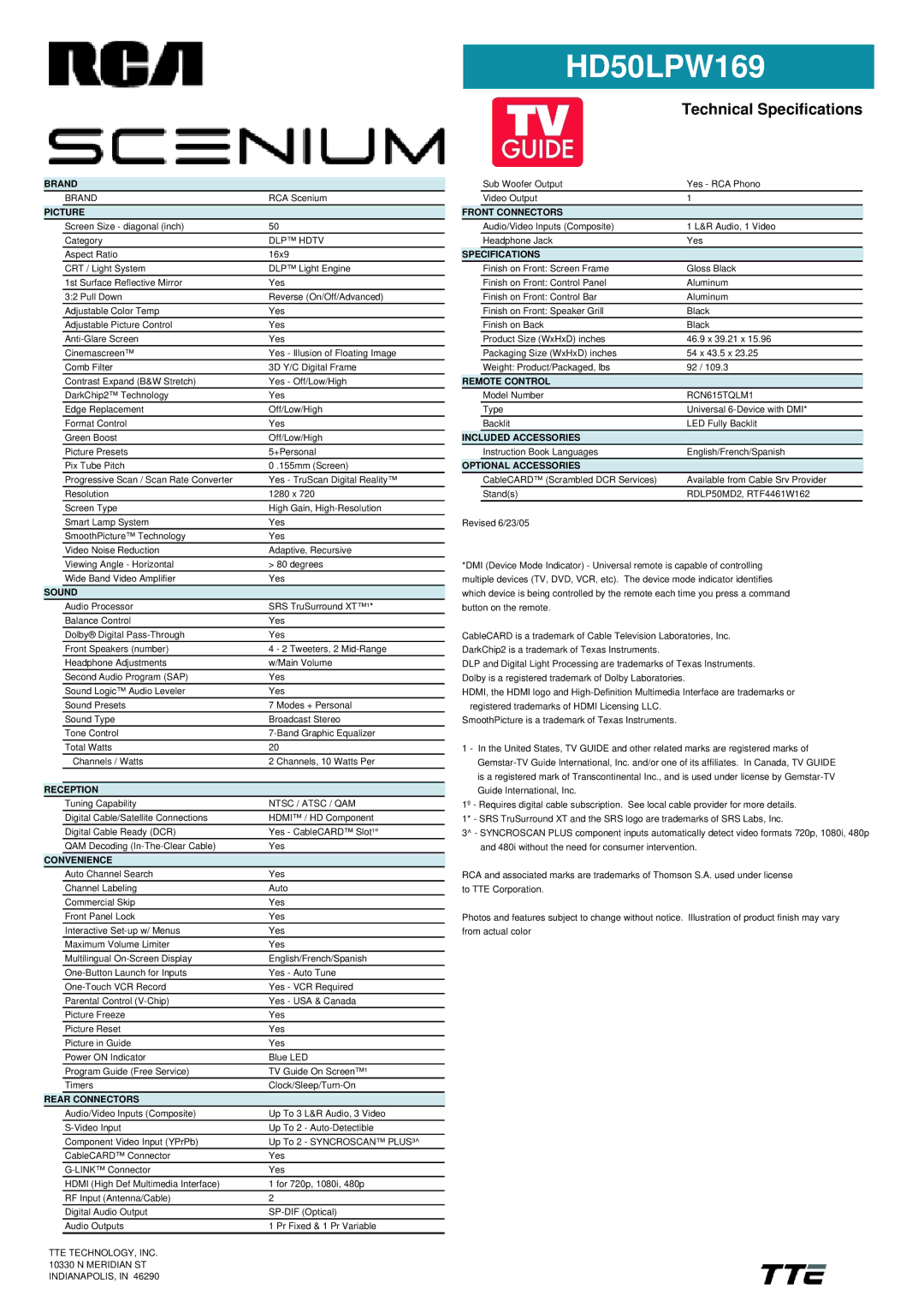 RCA HD50LPW169 manual Brand, Picture, Sound, Reception, Convenience, Rear Connectors, Front Connectors, Specifications 