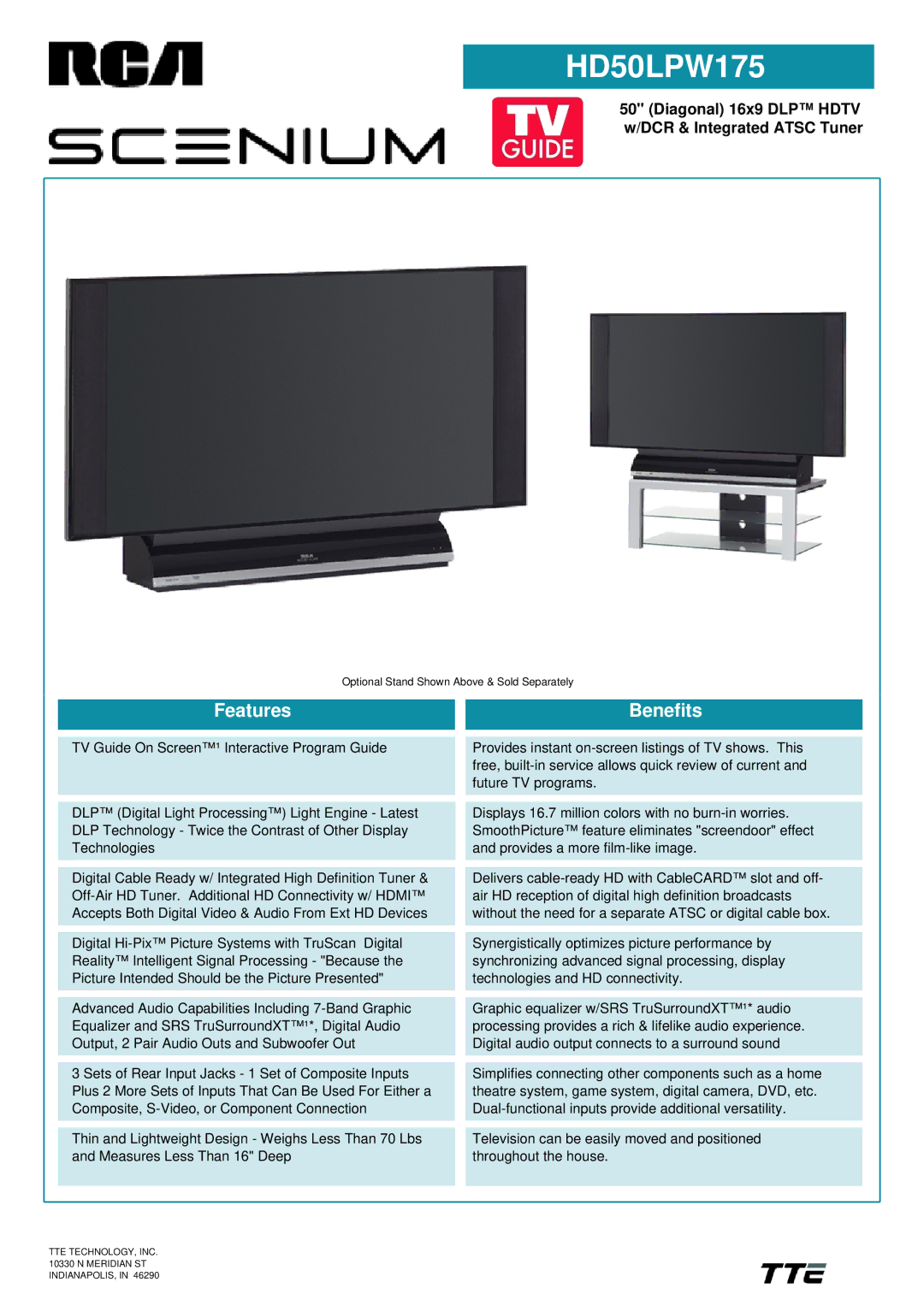 RCA HD50LPW175 manual Features, Benefits, TTE TECHNOLOGY, INC N Meridian ST INDIANAPOLIS 