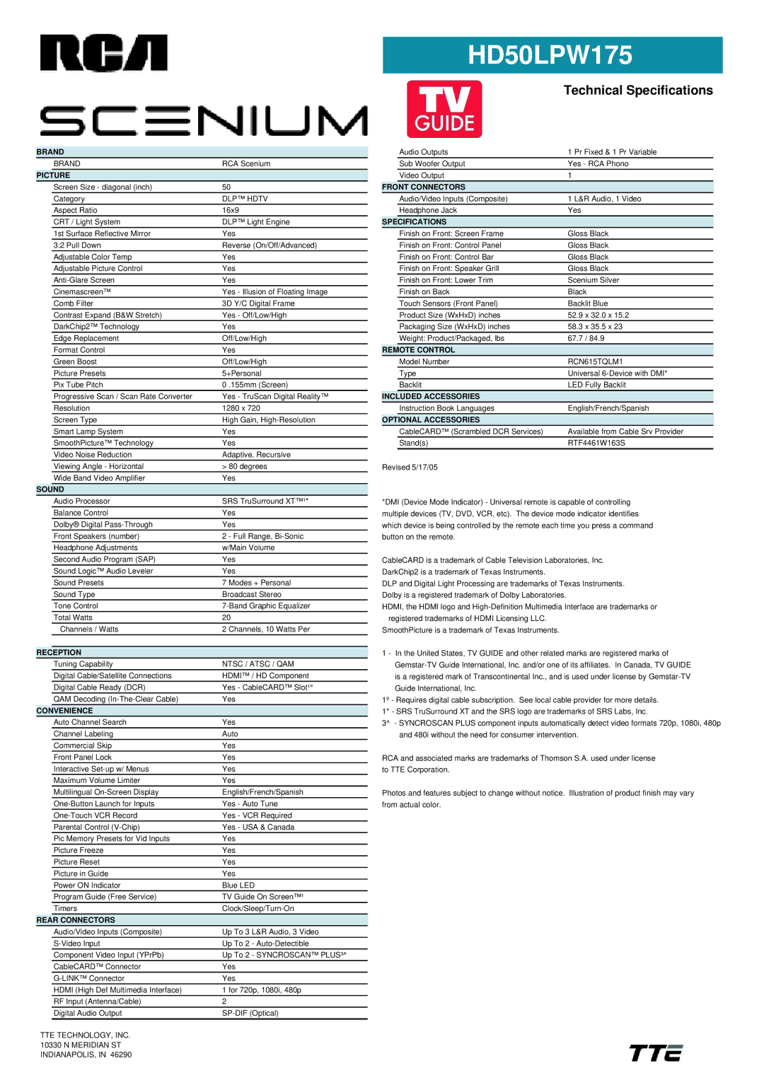 RCA HD50LPW175 manual Brand, Picture, Sound, Reception, Convenience, Rear Connectors, Front Connectors, Specifications 