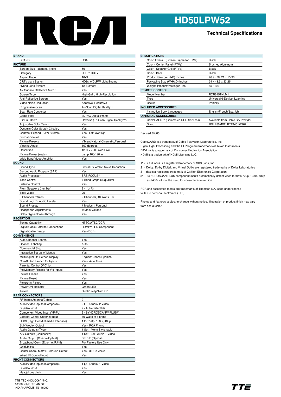 RCA HD50LPW52 manual Brand, Picture, Sound, Reception, Convenience, Rear Connectors, Front Connectors, Specifications 