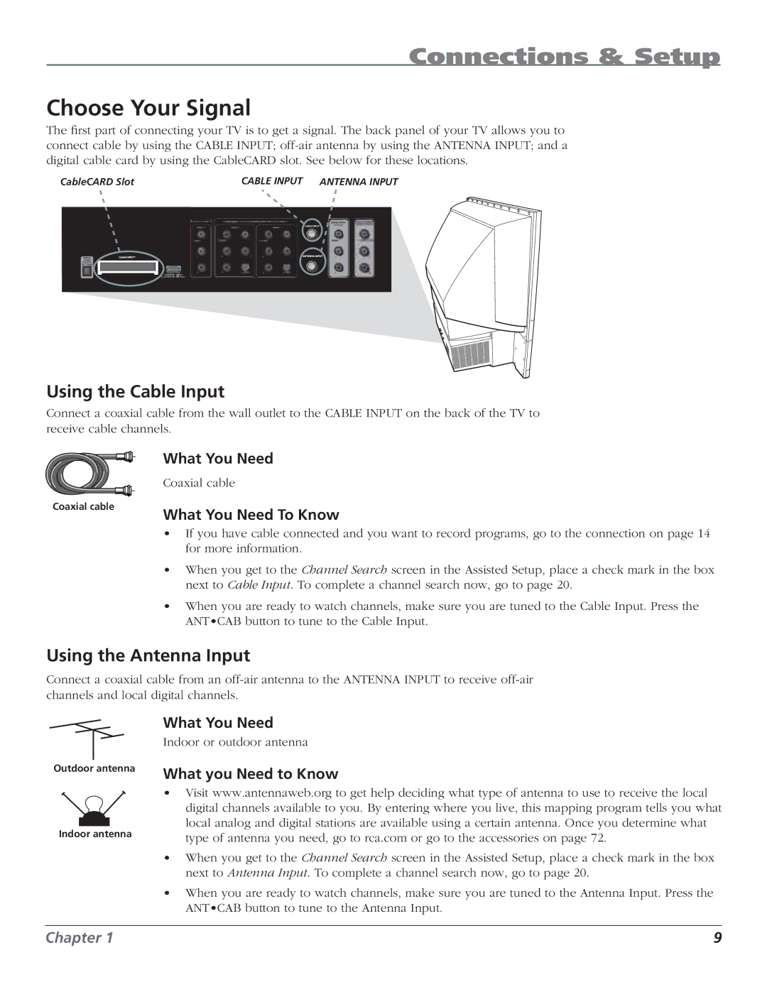 RCA HD50LPW62B manual Choose Your Signal, Using the Cable Input, Using the Antenna Input, What You Need To Know 