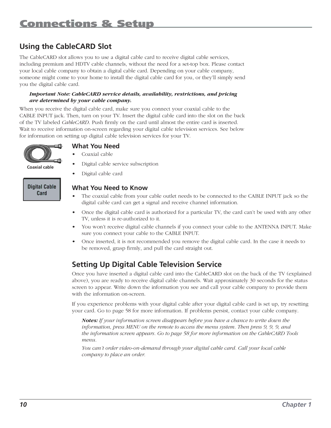 RCA HD50LPW62B manual Using the CableCARD Slot, Setting Up Digital Cable Television Service, Digital Cable Card 