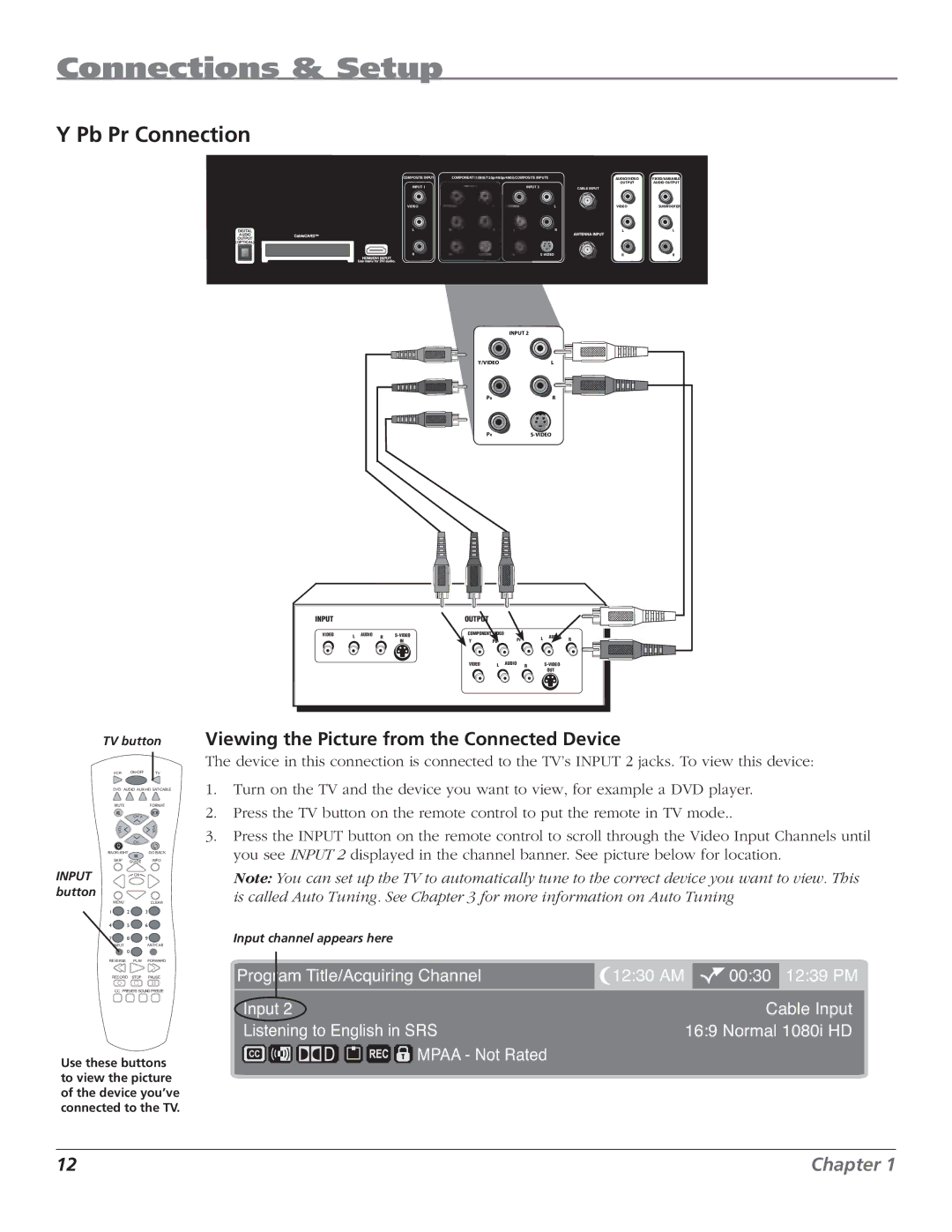 RCA HD50LPW62B manual Pb Pr Connection, Viewing the Picture from the Connected Device 