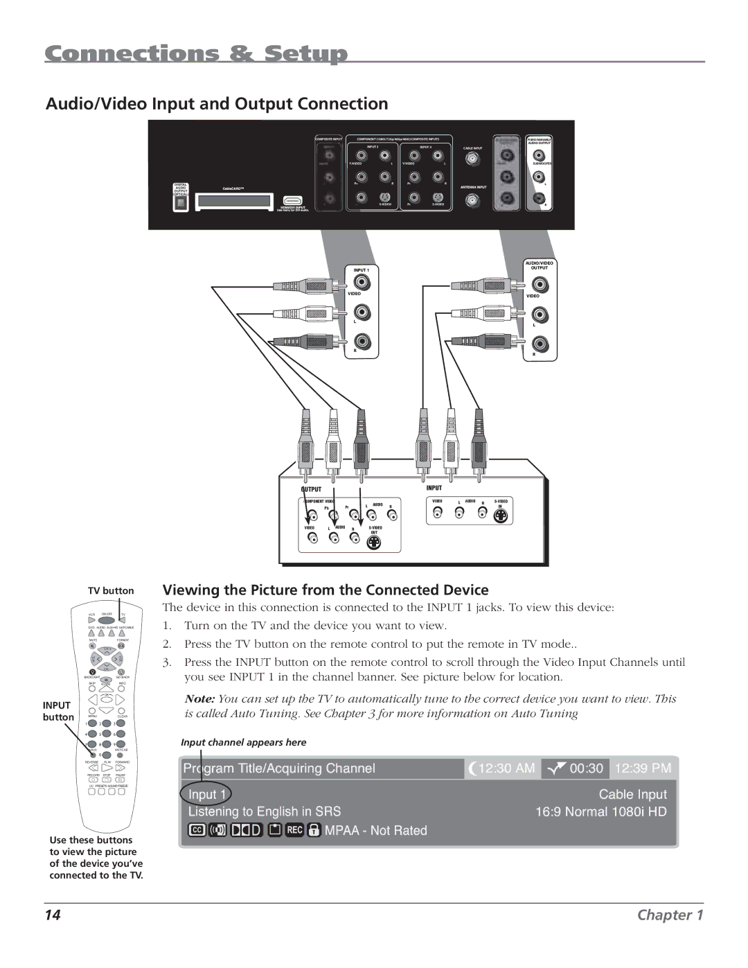 RCA HD50LPW62B manual Audio/Video Input and Output Connection, TV button Viewing the Picture from the Connected Device 