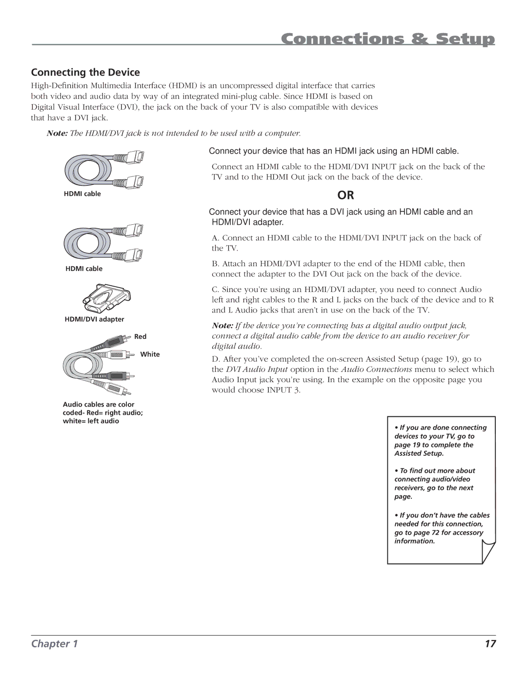 RCA HD50LPW62B manual Connecting the Device 