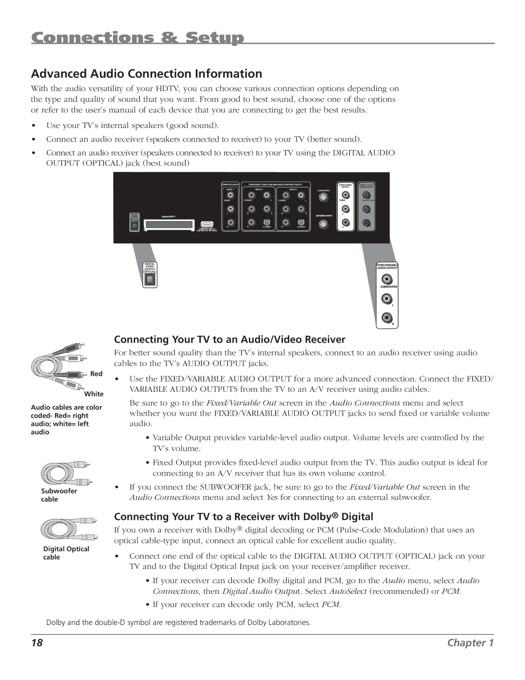 RCA HD50LPW62B manual Advanced Audio Connection Information, Connecting Your TV to an Audio/Video Receiver 