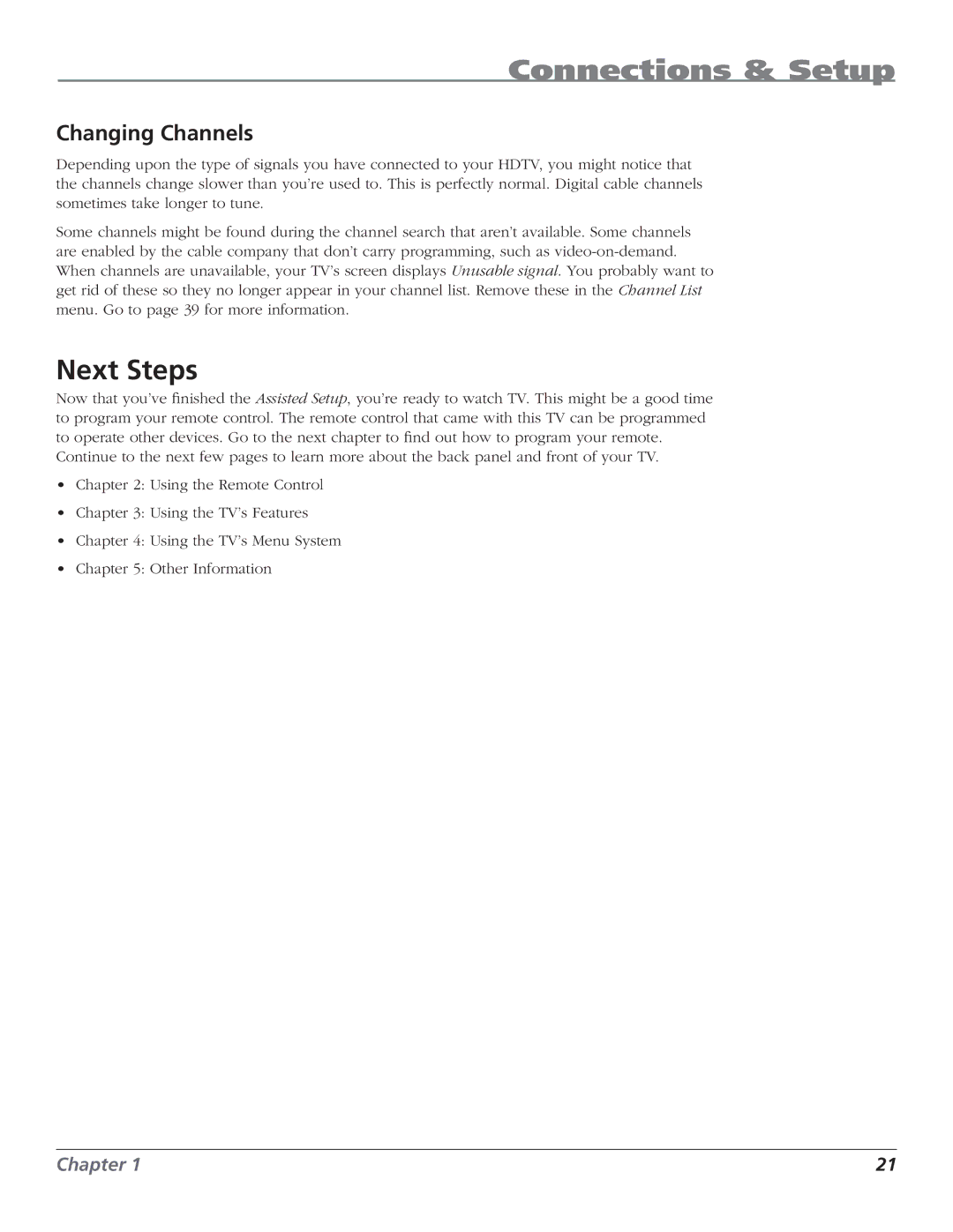 RCA HD50LPW62B manual Next Steps, Changing Channels 