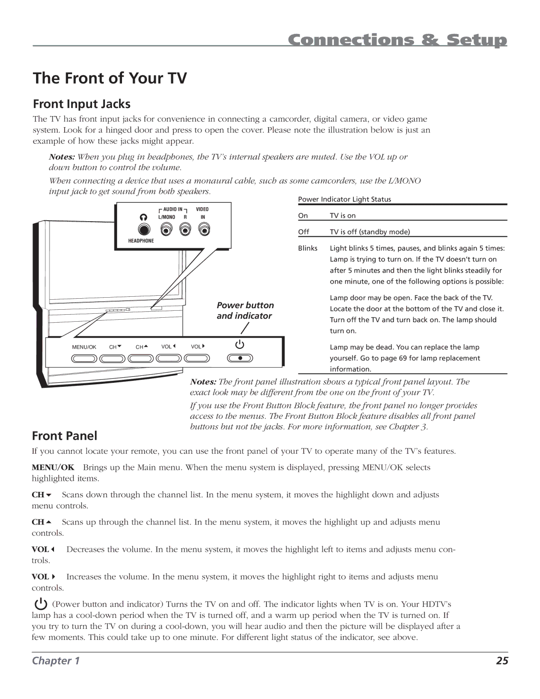 RCA HD50LPW62B manual Front of Your TV, Front Input Jacks, Front Panel 