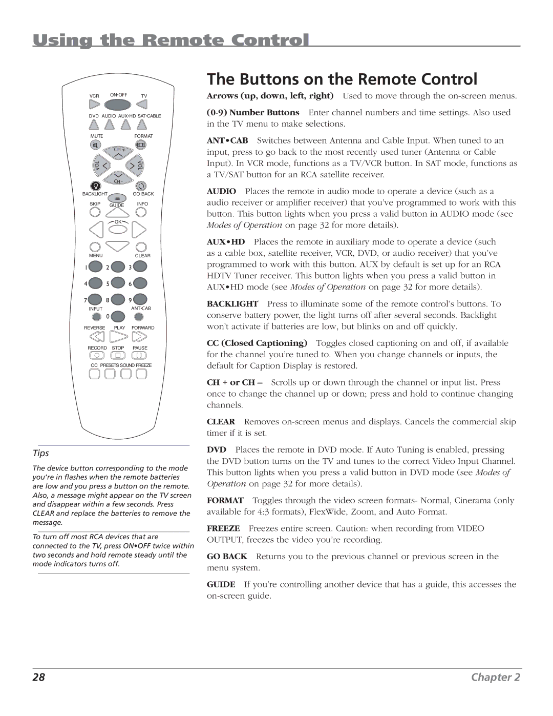 RCA HD50LPW62B manual Using the Remote Control, Buttons on the Remote Control 