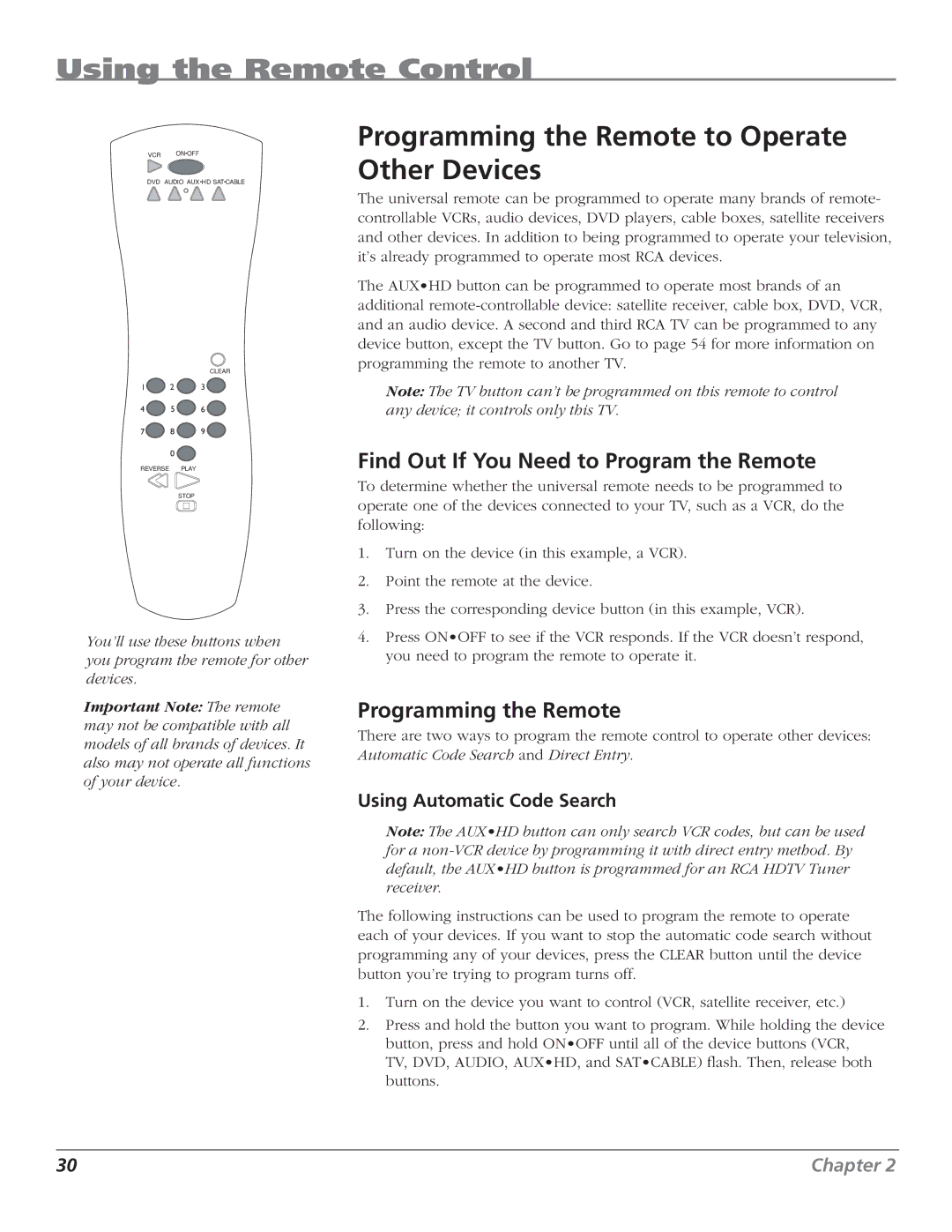 RCA HD50LPW62B manual Programming the Remote to Operate Other Devices, Find Out If You Need to Program the Remote 