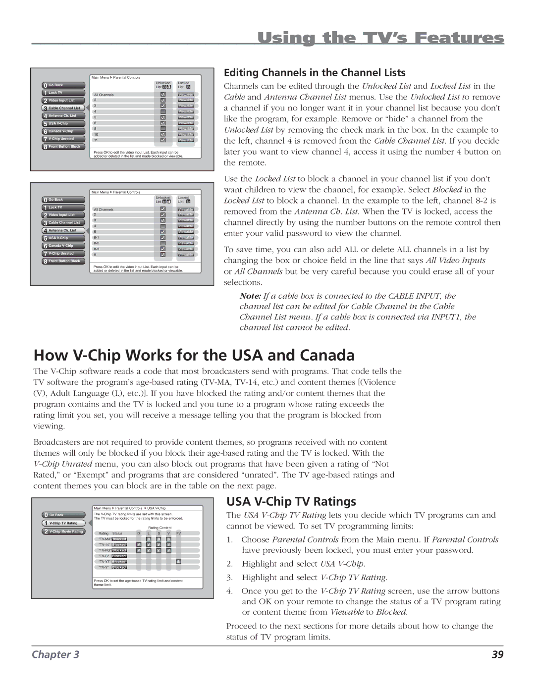 RCA HD50LPW62B manual How V-Chip Works for the USA and Canada, USA V-Chip TV Ratings, Editing Channels in the Channel Lists 