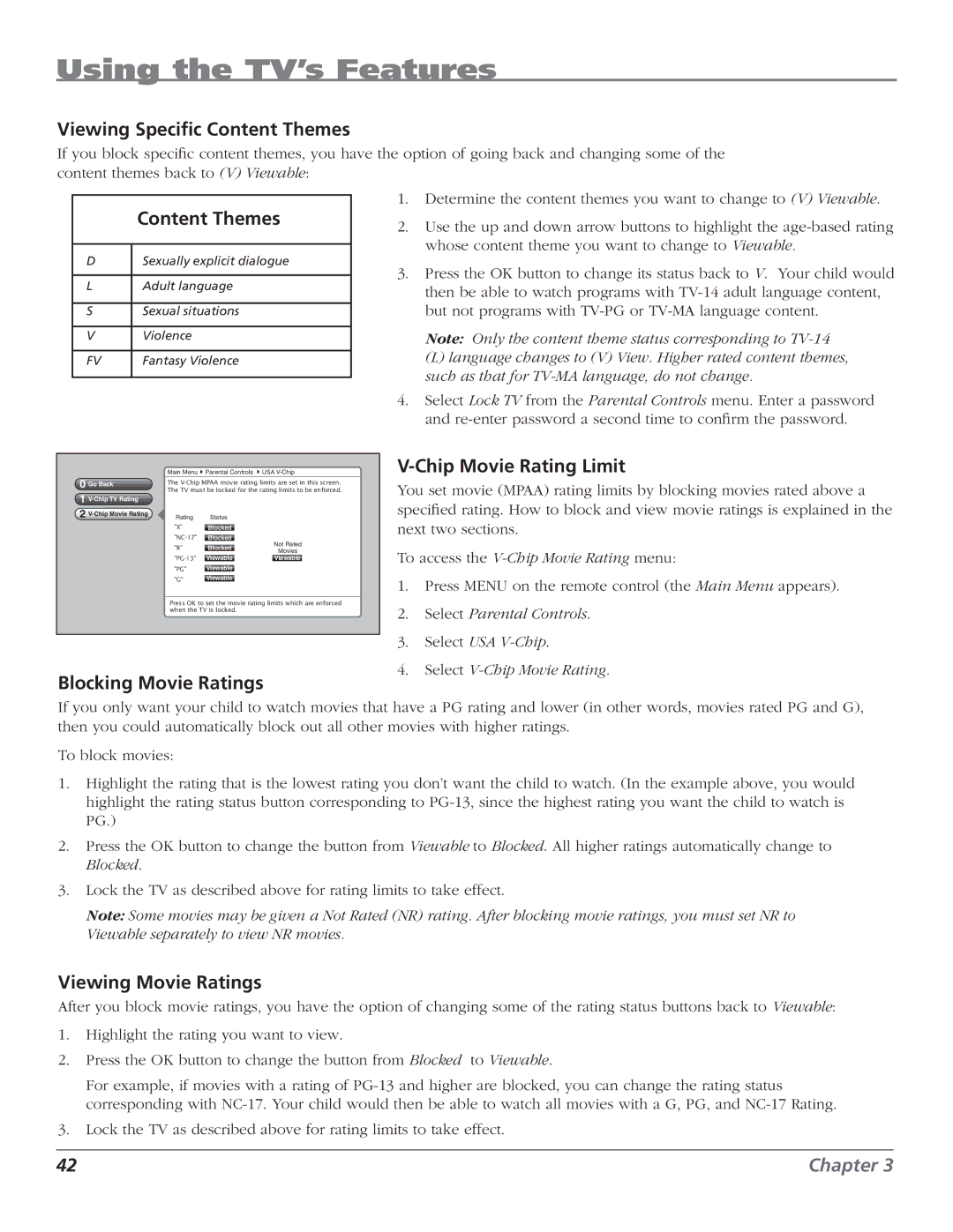 RCA HD50LPW62B Viewing Speciﬁc Content Themes, Chip Movie Rating Limit, Blocking Movie Ratings, Viewing Movie Ratings 