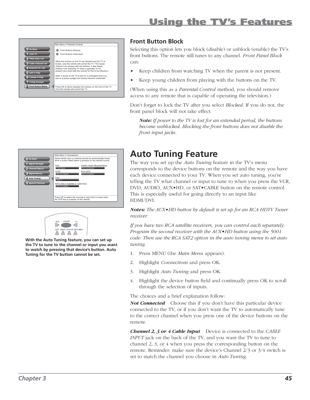 RCA HD50LPW62B manual Auto Tuning Feature, Front Button Block 