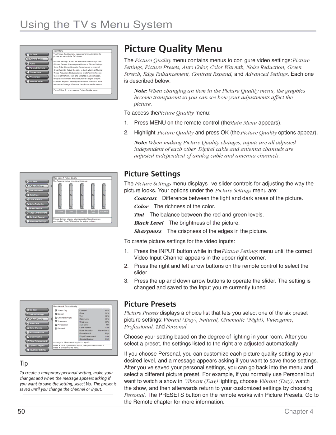 RCA HD50LPW62B manual Picture Quality Menu, Picture Settings, Picture Presets 