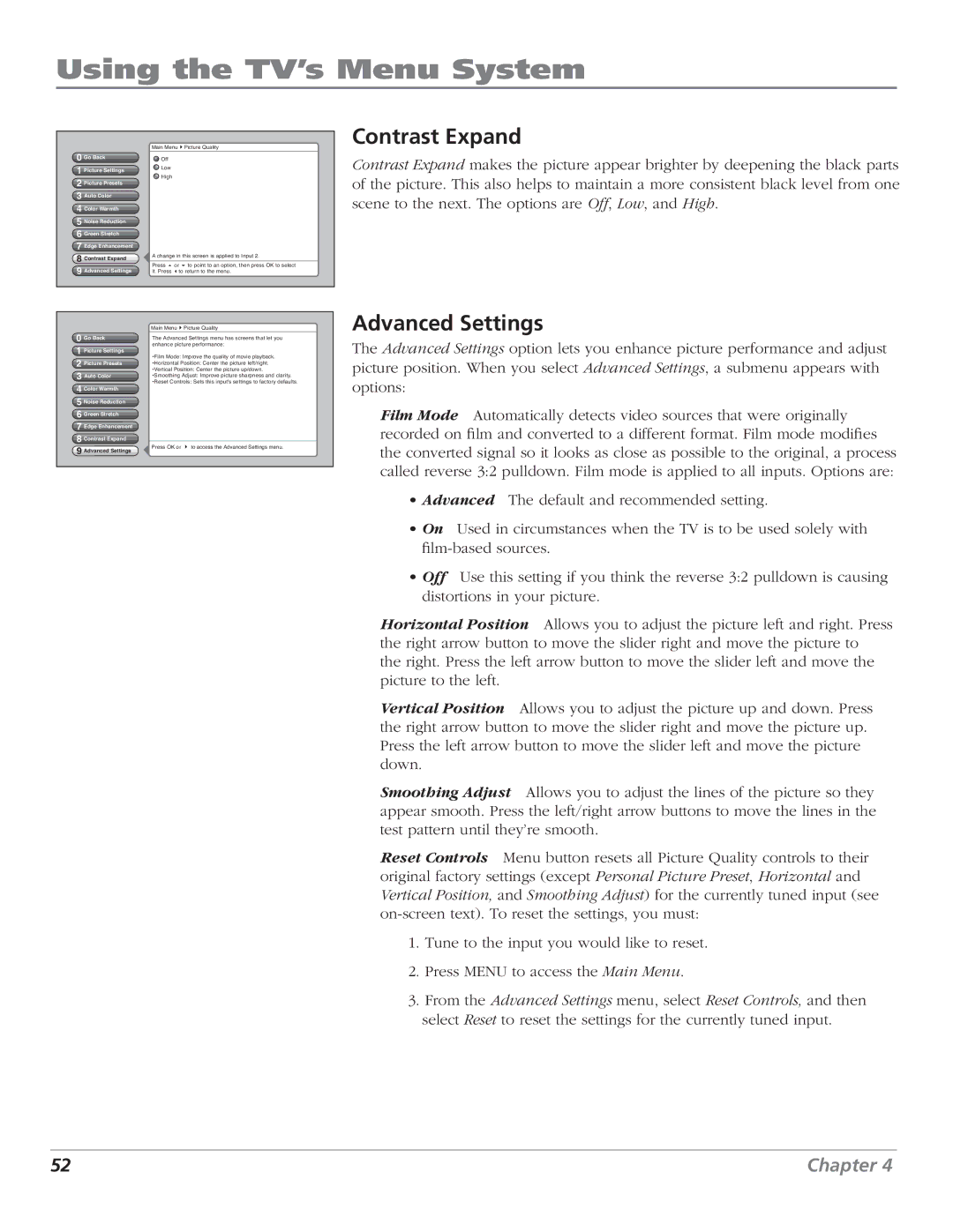 RCA HD50LPW62B manual Contrast Expand, Advanced Settings 