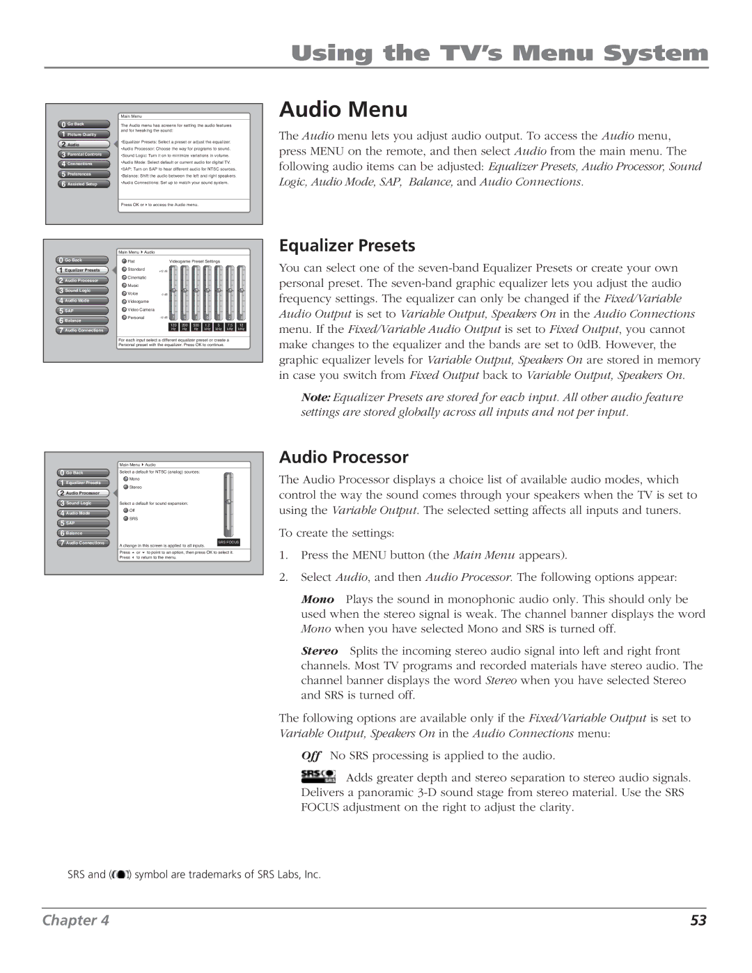 RCA HD50LPW62B manual Audio Menu, Equalizer Presets, Audio Processor 