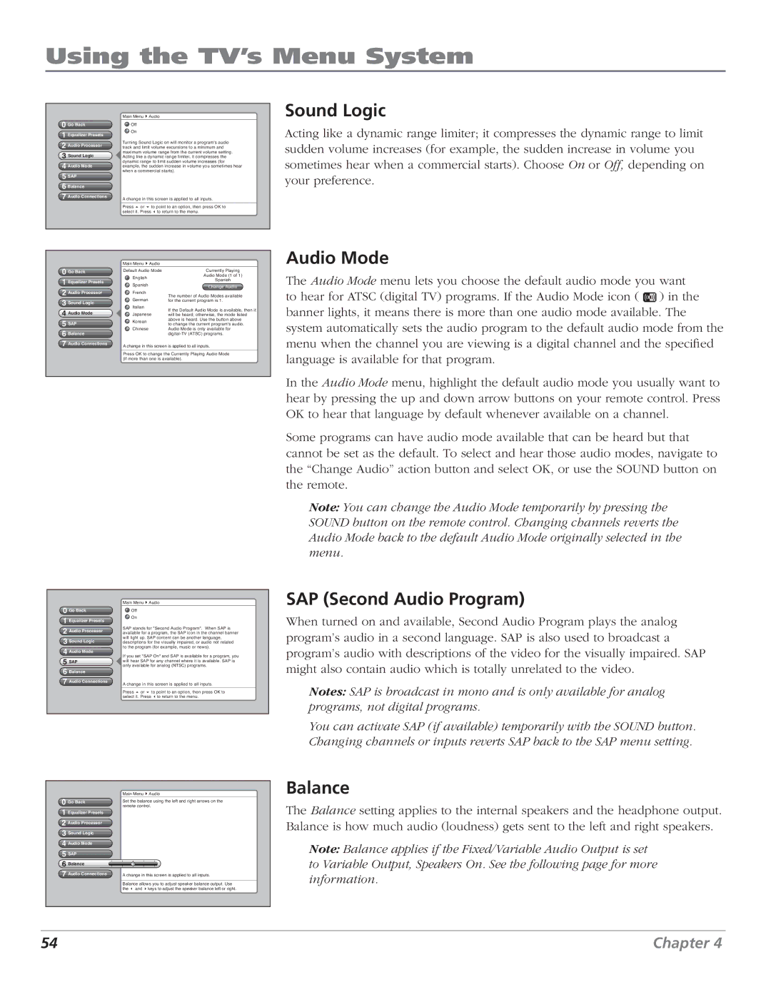 RCA HD50LPW62B manual Sound Logic, Audio Mode, SAP Second Audio Program, Balance 