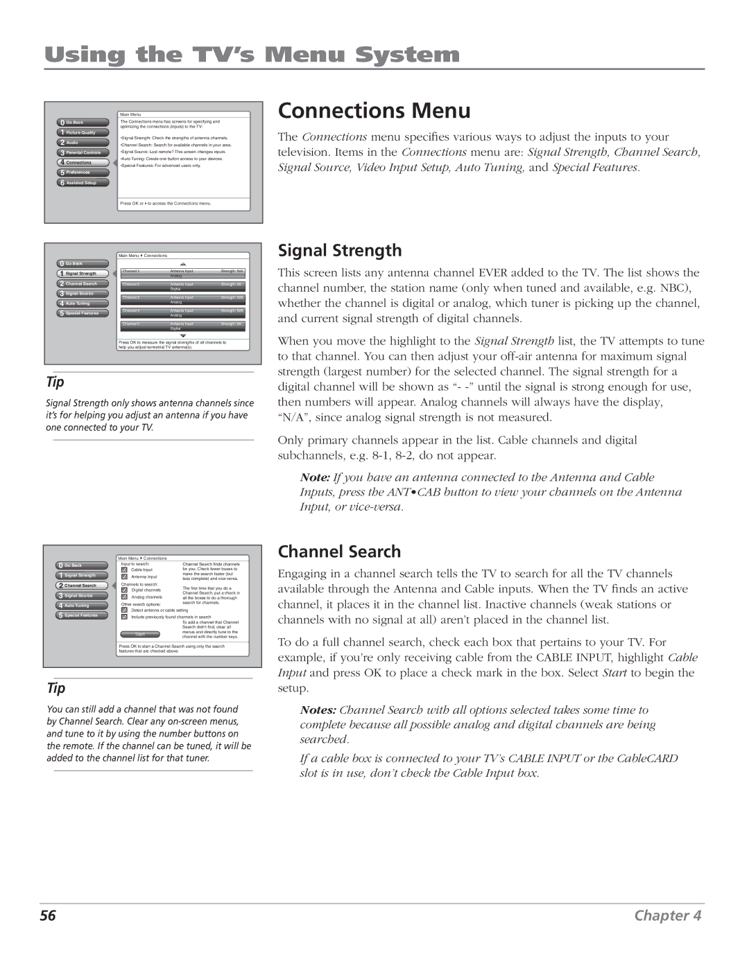 RCA HD50LPW62B manual Connections Menu, Signal Strength, Channel Search 