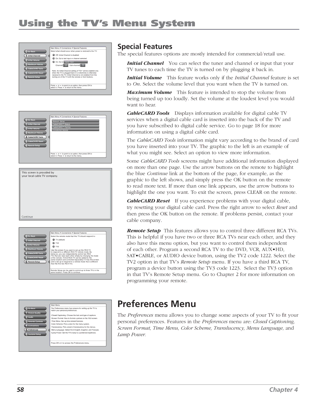 RCA HD50LPW62B manual Preferences Menu, Special Features 