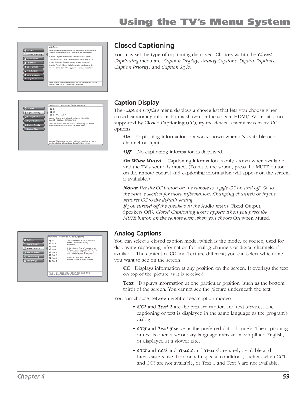 RCA HD50LPW62B manual Closed Captioning, Caption Display, Analog Captions 