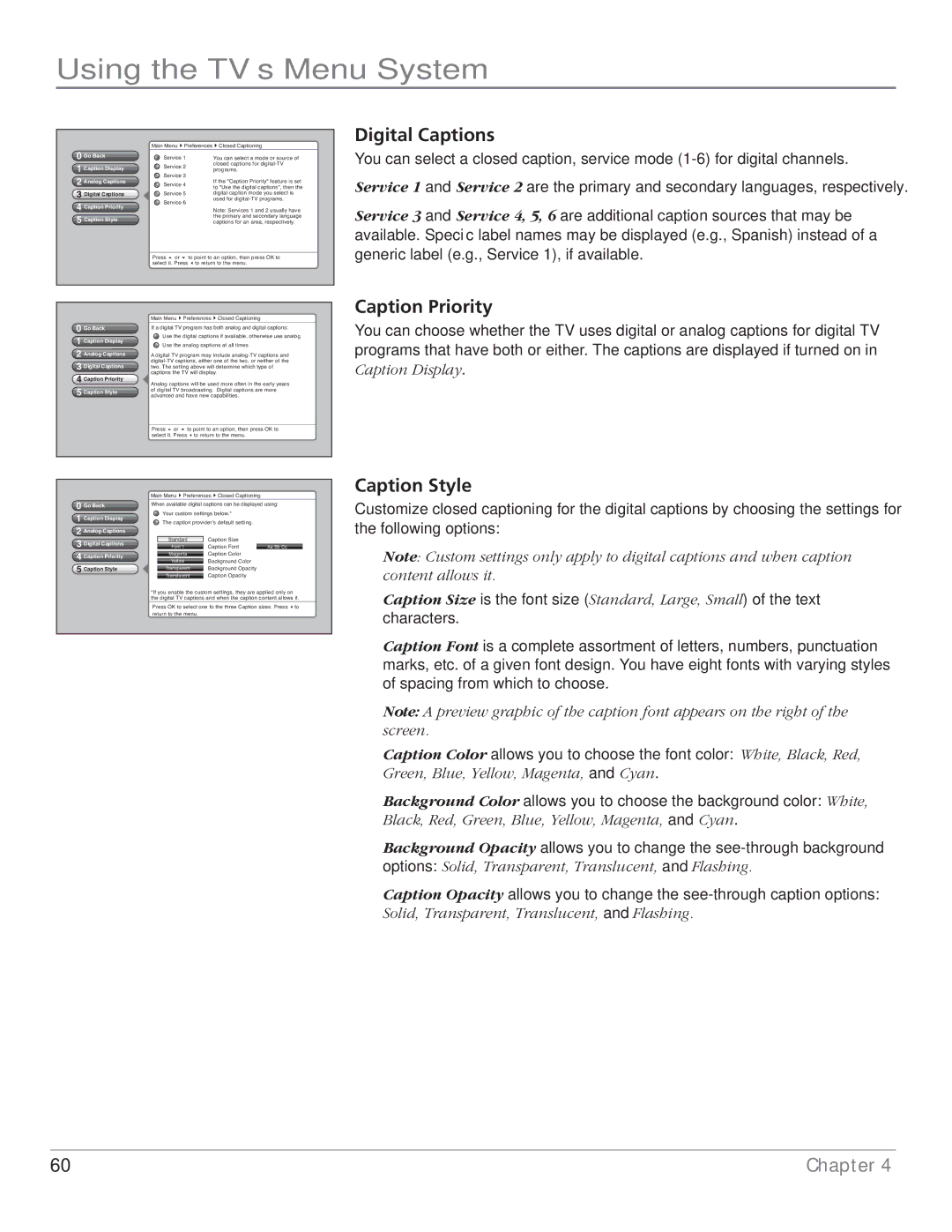 RCA HD50LPW62B manual Digital Captions, Caption Priority, Caption Style 