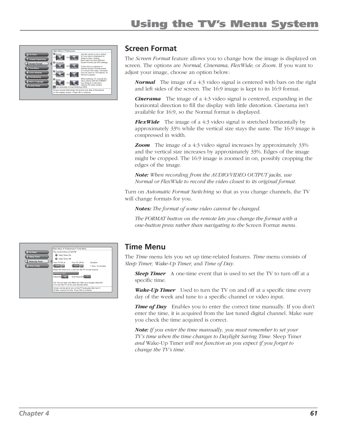 RCA HD50LPW62B manual Screen Format, Time Menu, Go Back Closed Captioning, Go Back Sleep Timer, Time of Day 