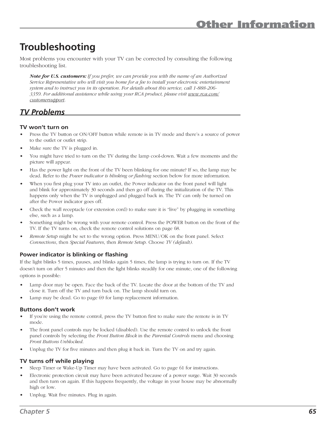 RCA HD50LPW62B manual Troubleshooting, TV won’t turn on, Power indicator is blinking or ﬂashing, Buttons don’t work 