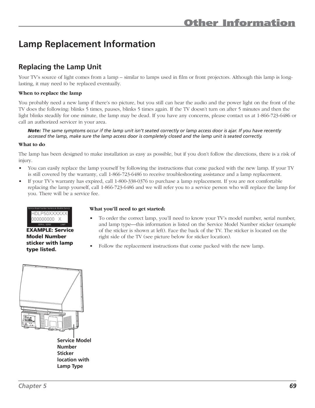 RCA HD50LPW62B Lamp Replacement Information, Replacing the Lamp Unit, Service Model Number Sticker location with Lamp Type 