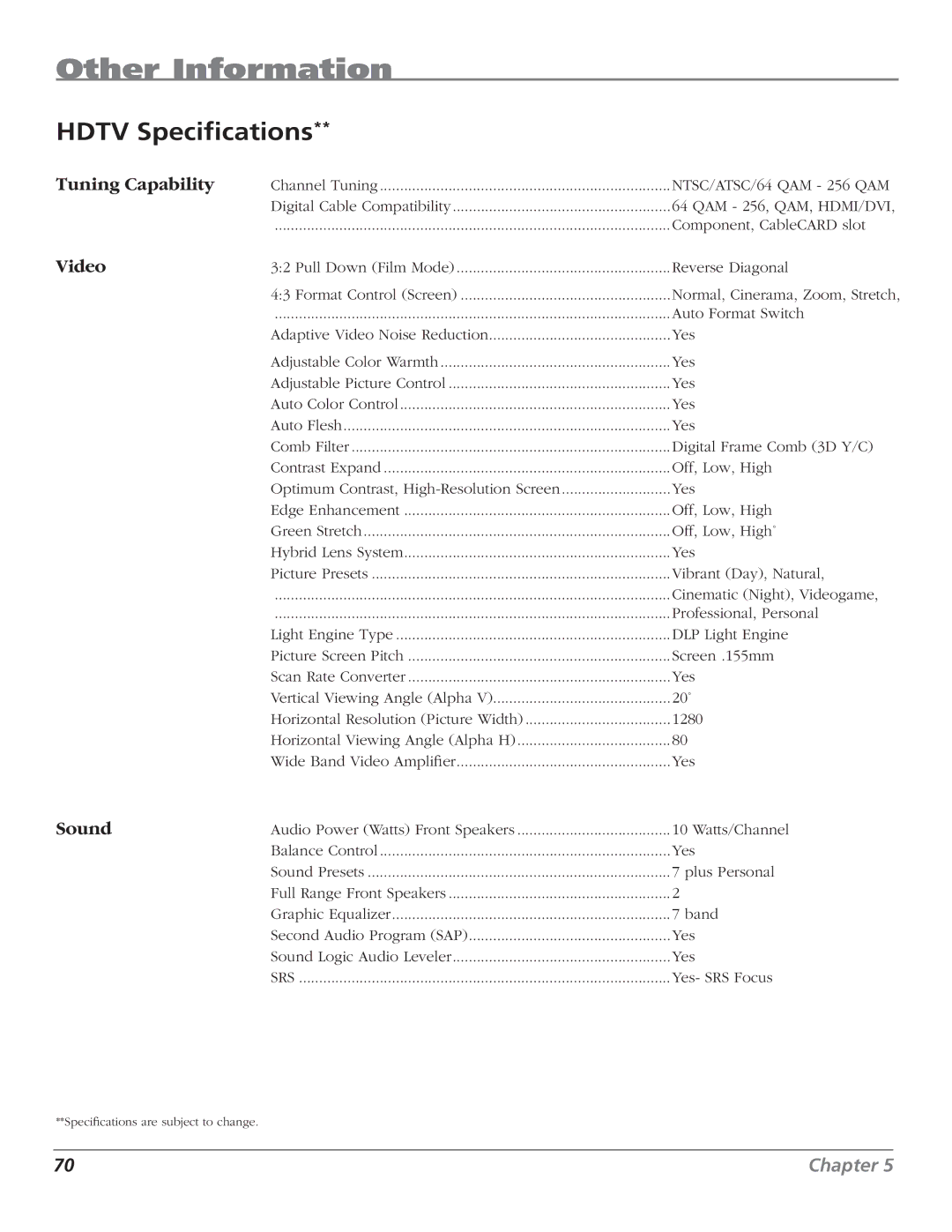 RCA HD50LPW62B manual Hdtv Speciﬁcations 