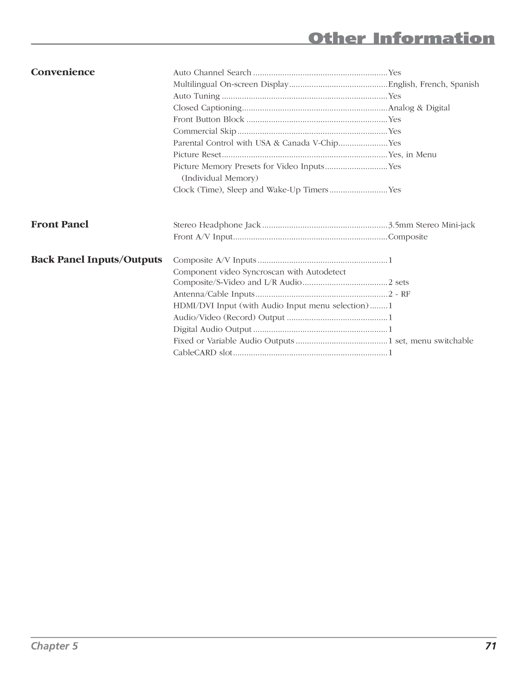 RCA HD50LPW62B manual Convenience 