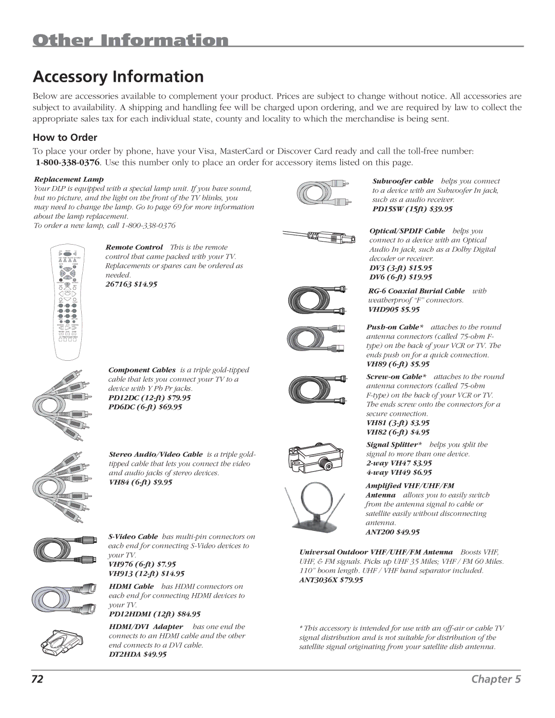 RCA HD50LPW62B manual Accessory Information, How to Order 