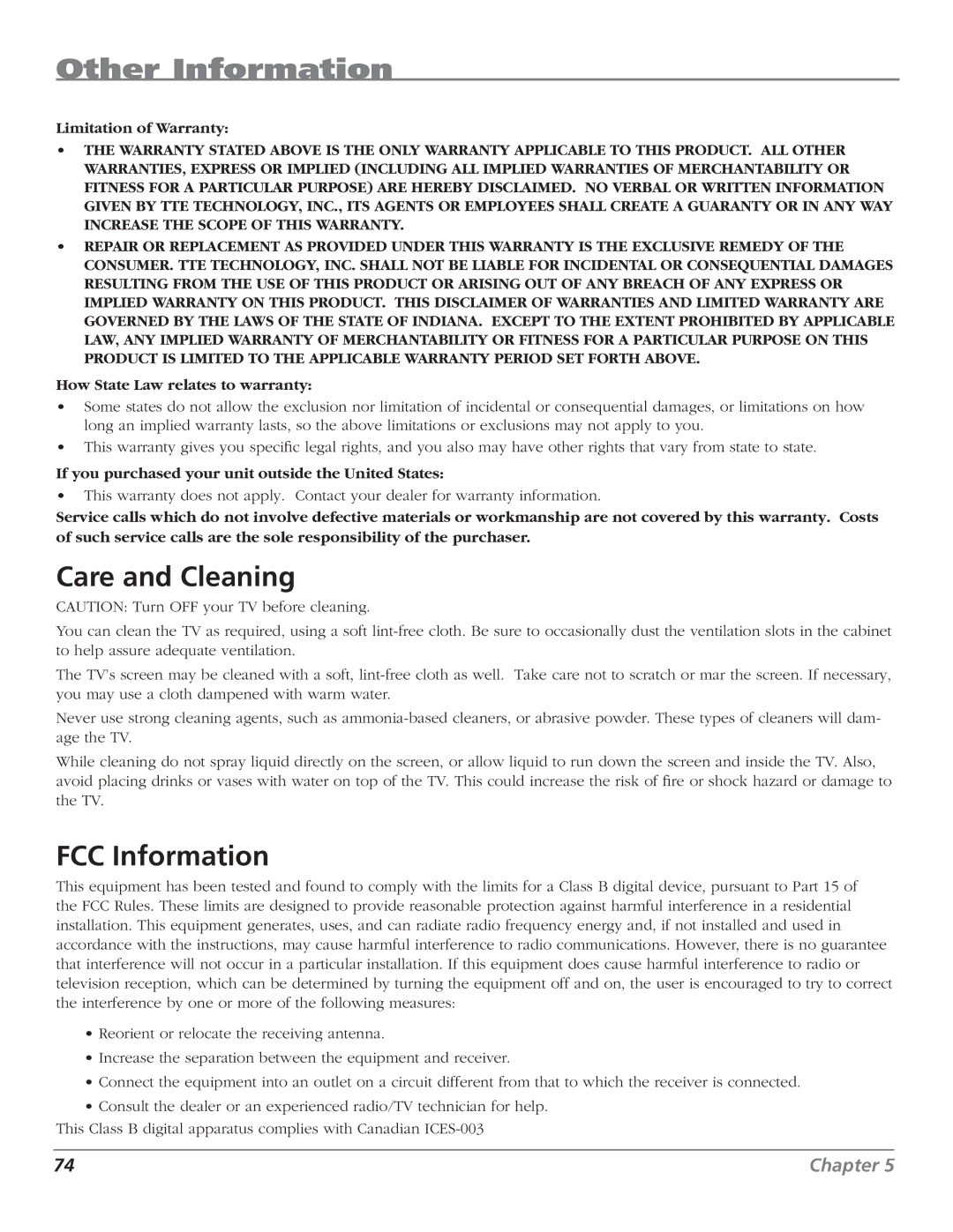 RCA HD50LPW62B manual Care and Cleaning, FCC Information 