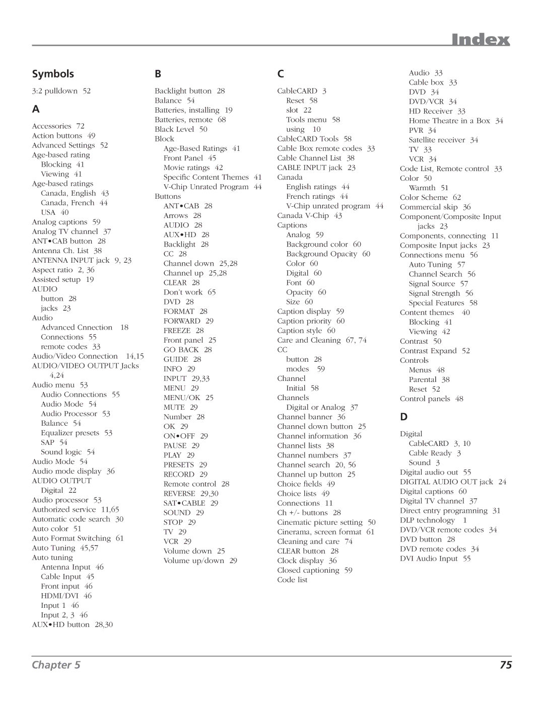 RCA HD50LPW62B manual Index, Symbols 