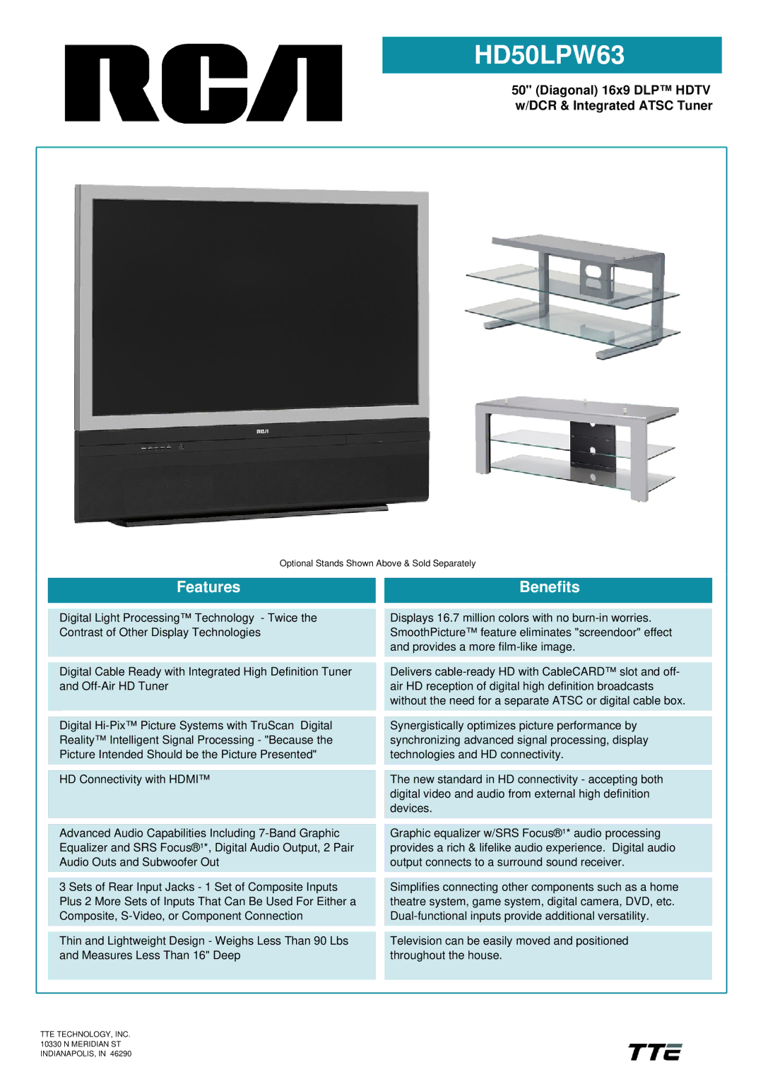 RCA HD50LPW63 manual Features, Benefits, TTE TECHNOLOGY, INC N Meridian ST INDIANAPOLIS 