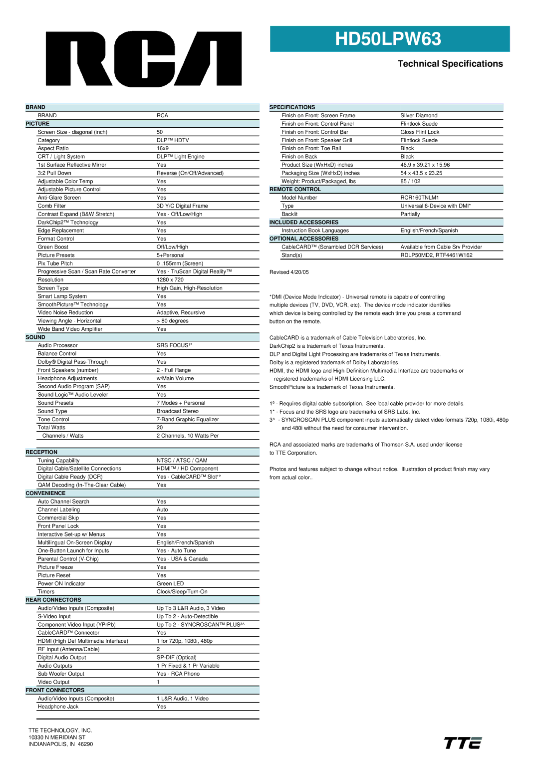 RCA HD50LPW63 manual Brand, Picture, Sound, Reception, Convenience, Rear Connectors, Front Connectors, Specifications 