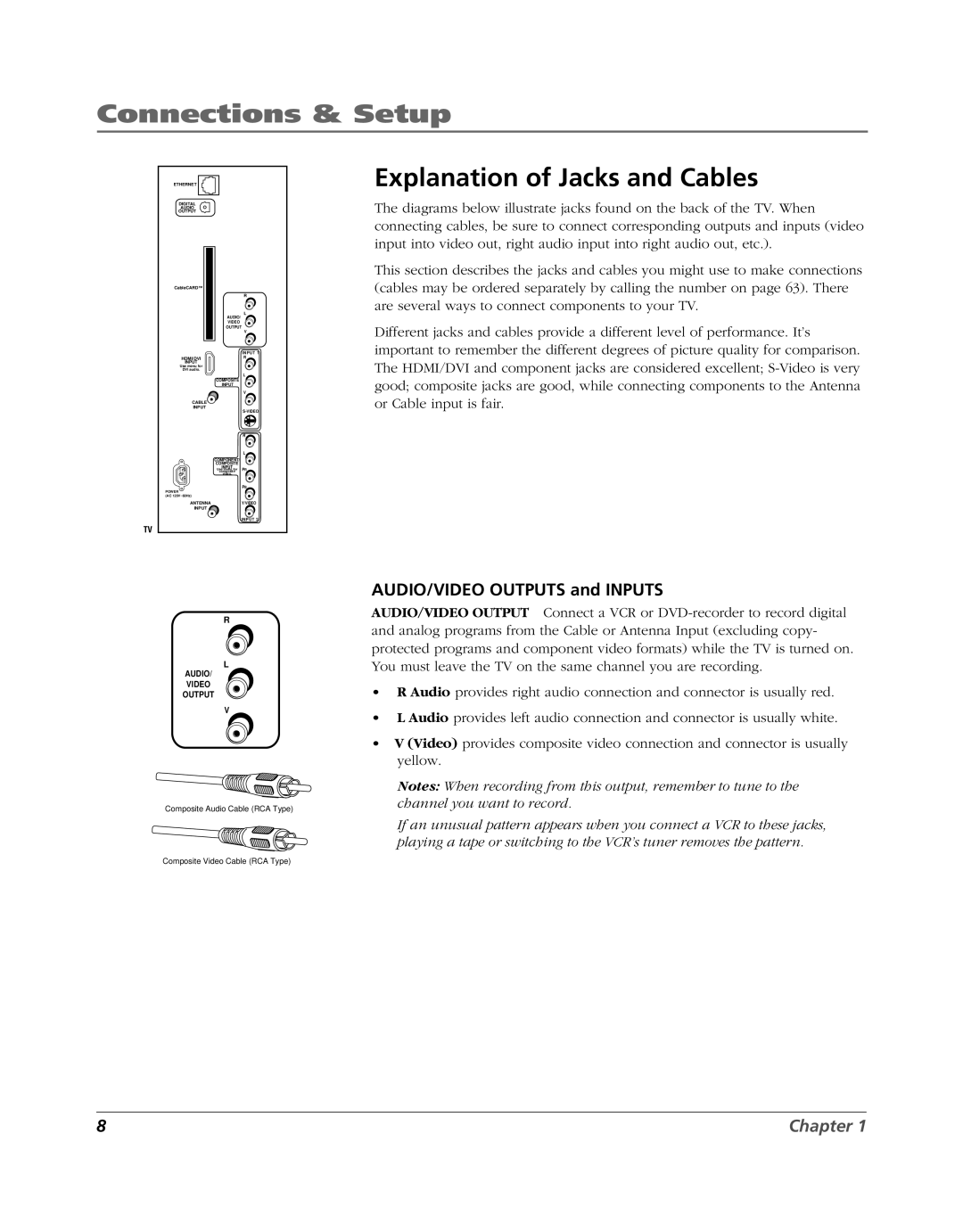 RCA HD52W56 manual Explanation of Jacks and Cables, AUDIO/VIDEO Outputs and Inputs 