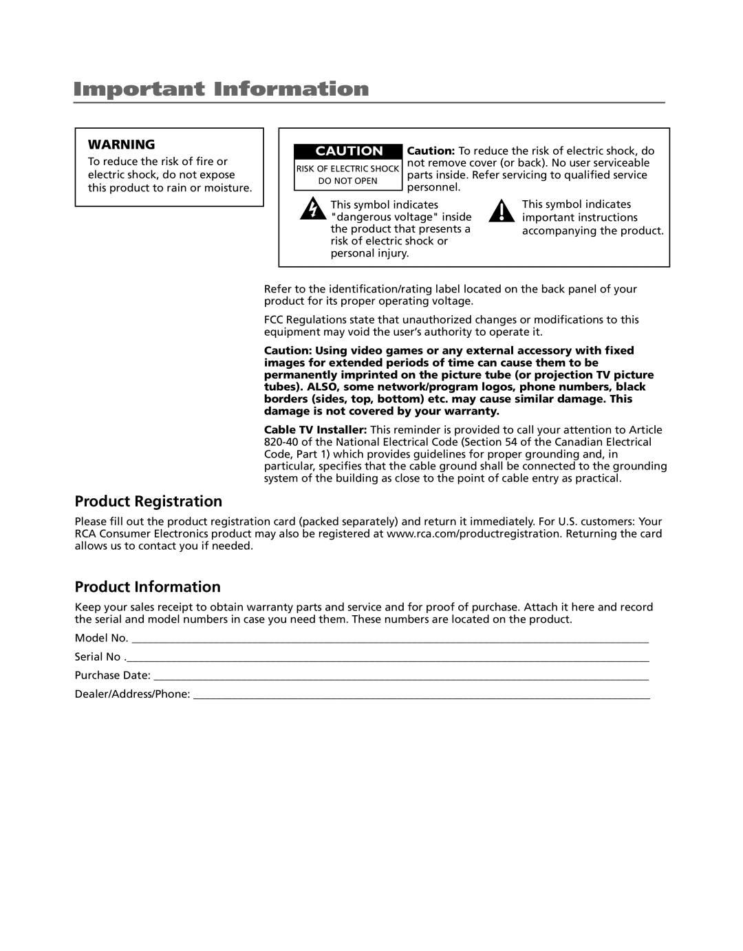 RCA HD52W56 manual Important Information, Product Registration, Product Information 