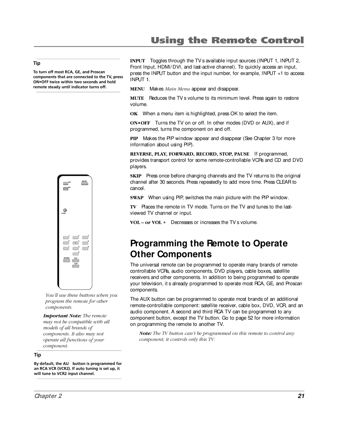 RCA HD52W56 manual Programming the Remote to Operate Other Components 