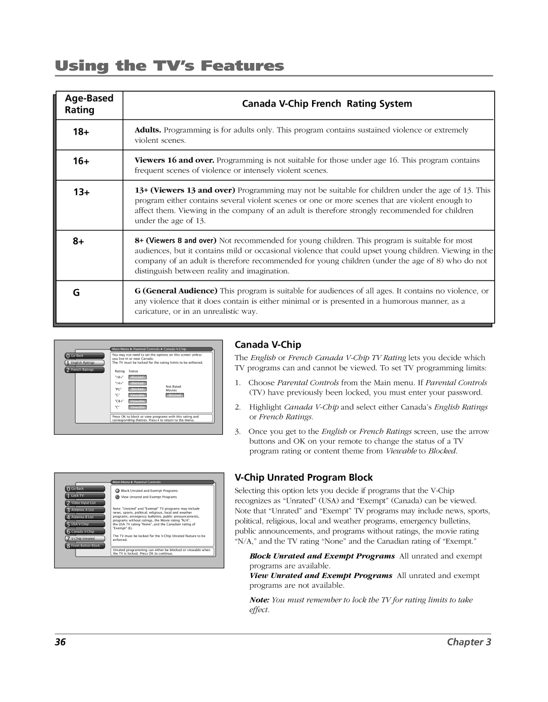 RCA HD52W56 manual Age-Based Canada V-Chip French Rating System 18+, 16+, 13+, Chip Unrated Program Block 