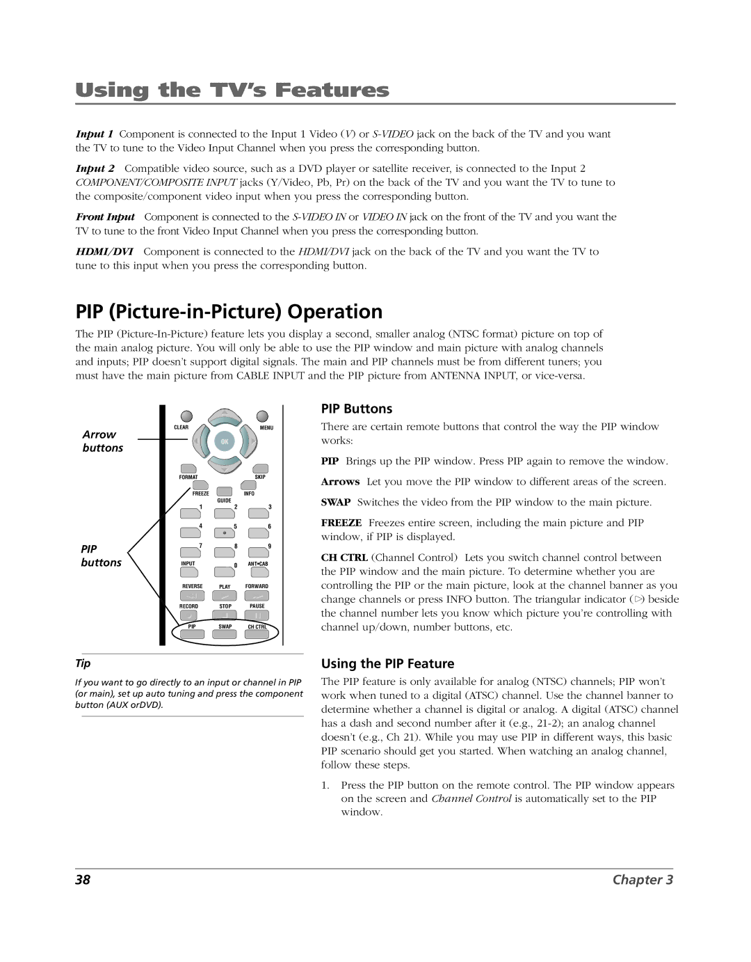 RCA HD52W56 manual PIP Picture-in-Picture Operation, PIP Buttons, Using the PIP Feature 